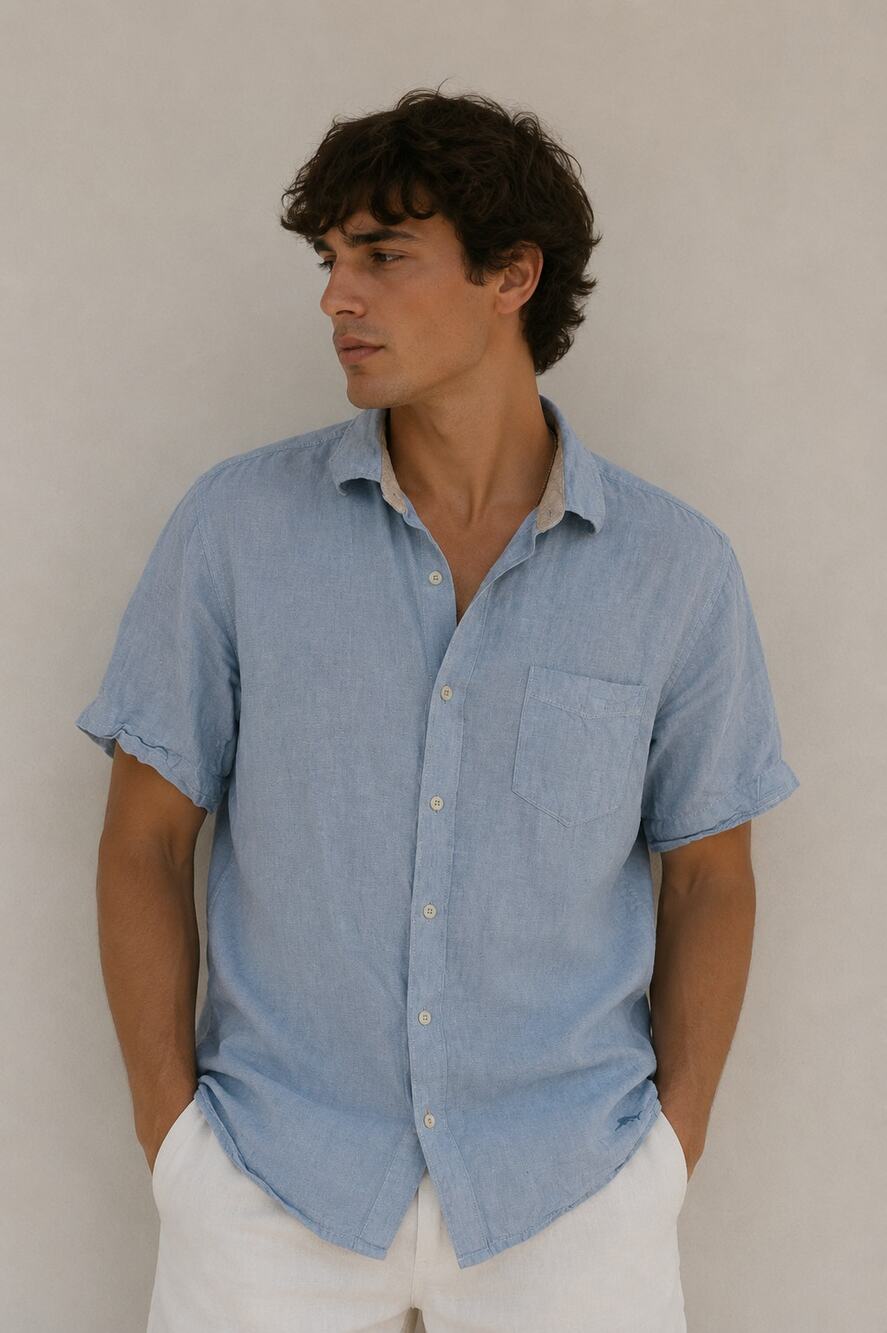 Tommy Bahama Mens Large L Linen Shirt Short Sleeve Light Blue Button Down Beach